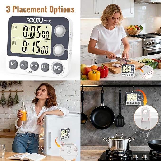 Digital Dual Kitchen Timer with Magnetic Back & Memory Presets, 2 Groups Countdown/Up Stopwatch Timer, 3-Level Volume + LED Alert, On/Off, 100Hr Max for Cooking, Baking (Battery Included)