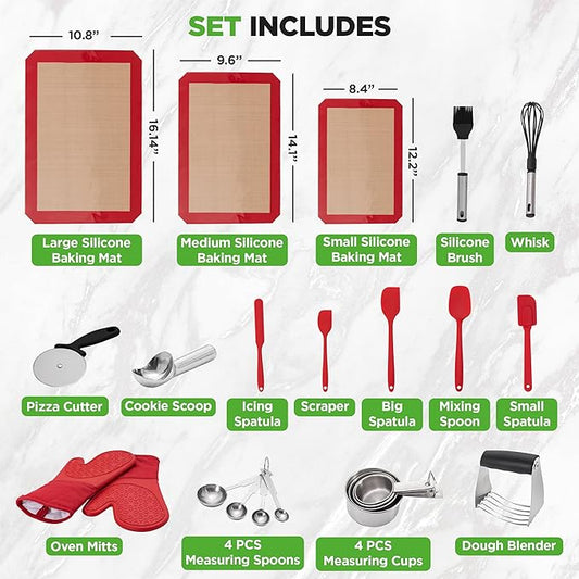 NutriChef 23-Piece Essential Baking Utensils Set – Measuring Cups and Spoons, Scraper, Oven Mitts, Whisk, Silicone Baking Mats and More - Dishwasher Safe, Perfect for Baking and Cooking (Black)