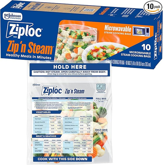 Ziploc Zip 'n Steam Food Storage Cartons for Meal Prep, Healthy Meals in Minutes, Microwave Safe, 10 Count