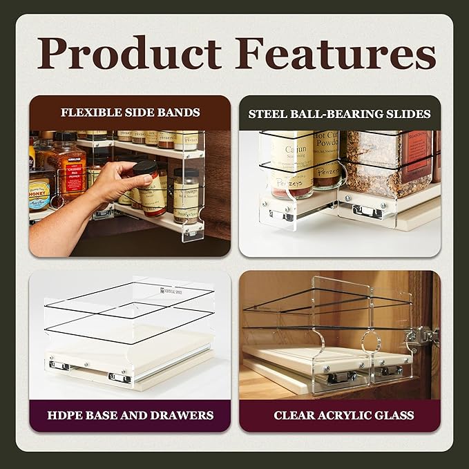 Vertical Spice - Narrow Pullout Spice Rack - Sliding Drawer for Kitchen Organization - Pantry Organizers and Storage - 2 Drawers & 2 Tiers - 20 Spice Jar Capacity (4.6" W x 10.75" H x 10.6" D, Cream)