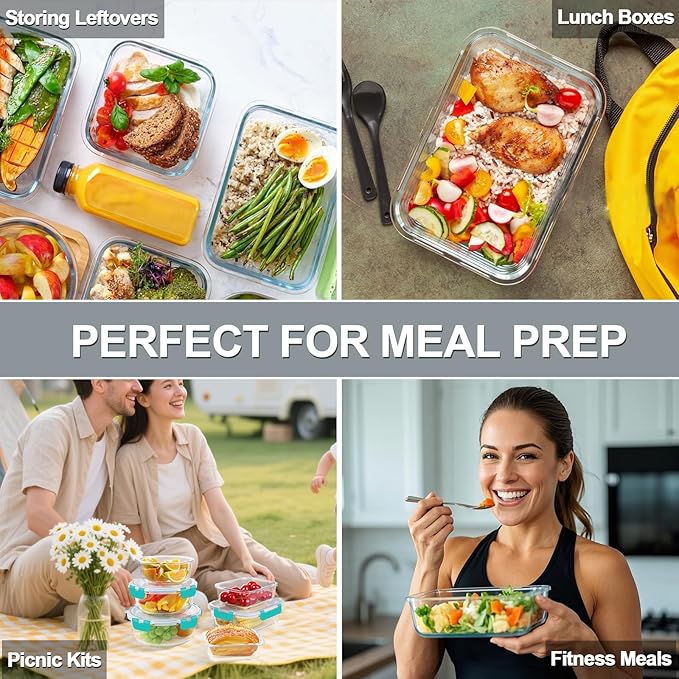 KAMOTA Glass Food Storage Containers, Green Glass Meal Prep Containers, Airtight Containers with Snap-Lock Lids, Set of 12, for Microwave/Oven/Freezer/Dishwasher