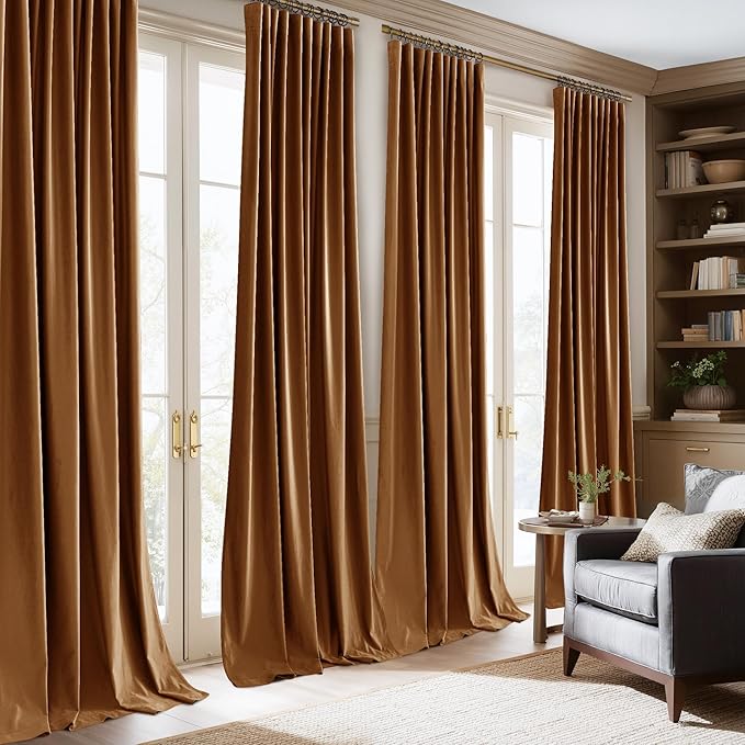 NICETOWN Gold Bronze Velvet Curtains 96 Inch Long 2 Panels Set for Office and Study Room, Blackout Thermal Insulated UV Protect Windows Covers for Bedroom, Pocket Back Tab with Pleat Tape, W52 x L96