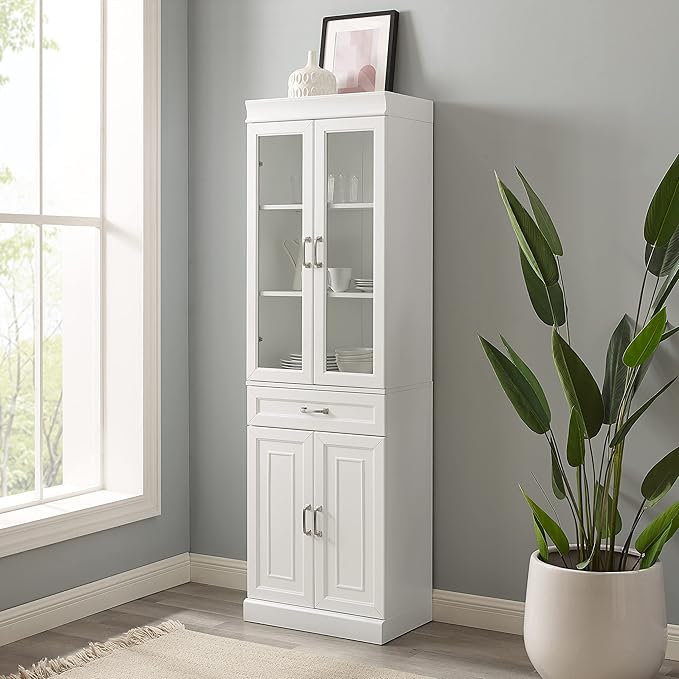 Crosley Furniture Stanton Glass Door Pantry Storage Cabinet with Shelves, Kitchen, Dining, or Laundry Room, White
