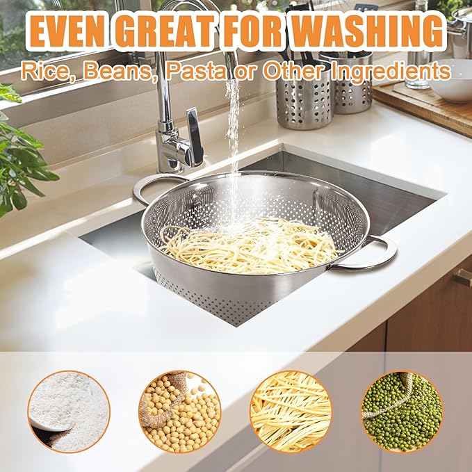 Stainless Steel Colander Set of 3 (1-3.5-5Quart) | Durable Rice and Pasta Strainer with Handle | Oversized Handles | Nesting Design | Rust-Resistant & Dishwasher Safe
