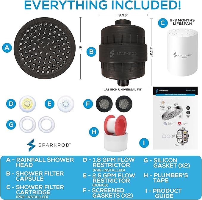 SparkPod Luxury Filtered Shower Head Set 23 Stage Shower Filter - Reduces Chlorine and Heavy Metals - High Pressure Showerhead Filter (6" Round, Vintage Oil Rubbed Bronze)