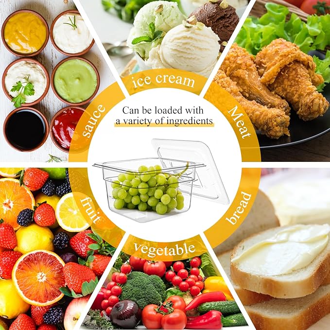 6 Pack Plastic Clear Food Pans with Lids, 1/6 Size 4'' Deep Commercial Stackable Polycarbonate Pans Hotel Food Storage Pan with 1 Pcs Spoon for Fruits Vegetables