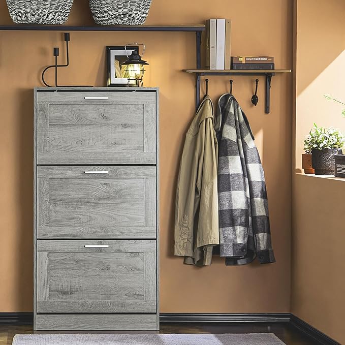 Shoe Cabinet for Entryway, 3-Tier Flip Drawer Narrow Shoe Storage Cabinet with Divider, Tall Slim Shoe Organizer for Small Spaces, Slim Shoe Rack Freestanding, Gray, HUS-FSR137-L