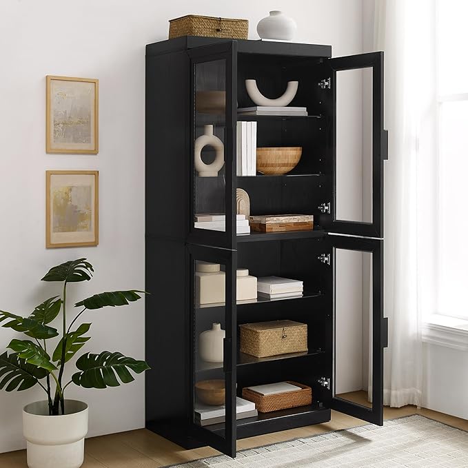 Crosley Furniture Essen Glass Door Kitchen Pantry Storage Cabinet with Doors and Shelves, Living Room, Black