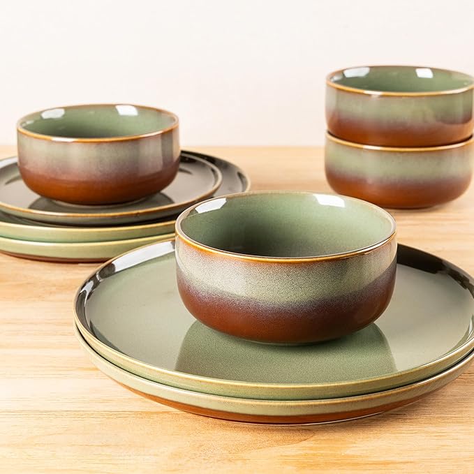 TheTerra Ceramic Dinnerware Sets for 4, 12 Pieces Handmade Reactive Glaze Plates and Bowls Set, Scratch Resistant Dish Set, Oven & Microwave & Dishwasher Safe, Brown Green