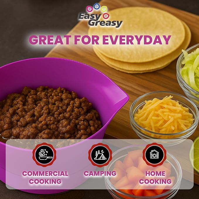 3-Piece Colander Grease Strainer Set – Purple Grease Separator with Handle, Container & Lid – Strains Bacon, Pasta, Ground Beef – BPA-Free Kitchen Gadget