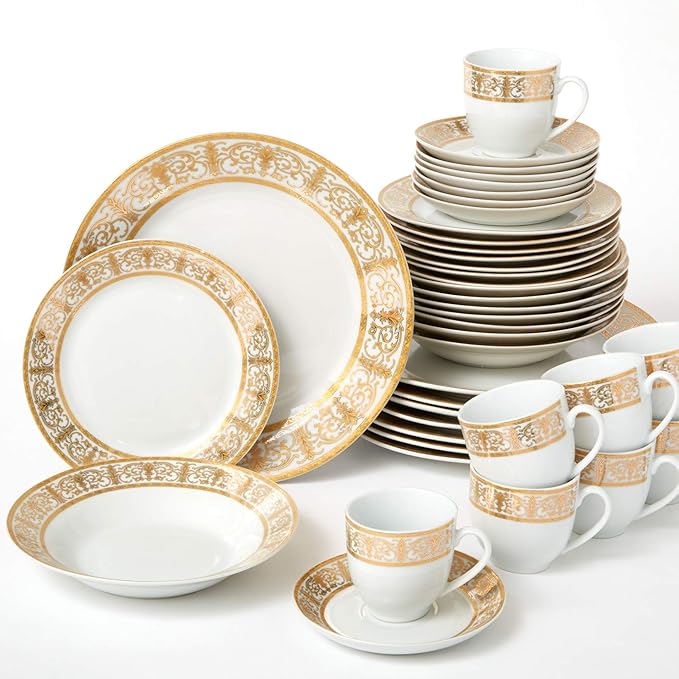 BrylaneHome 40 Piece Medici Porcelain Dinnerware Set (Service For 8), Includes Dinner & Dessert Plates, Bowls, Cups & Saucers, Elegant Gold Rim Pattern - Gold White