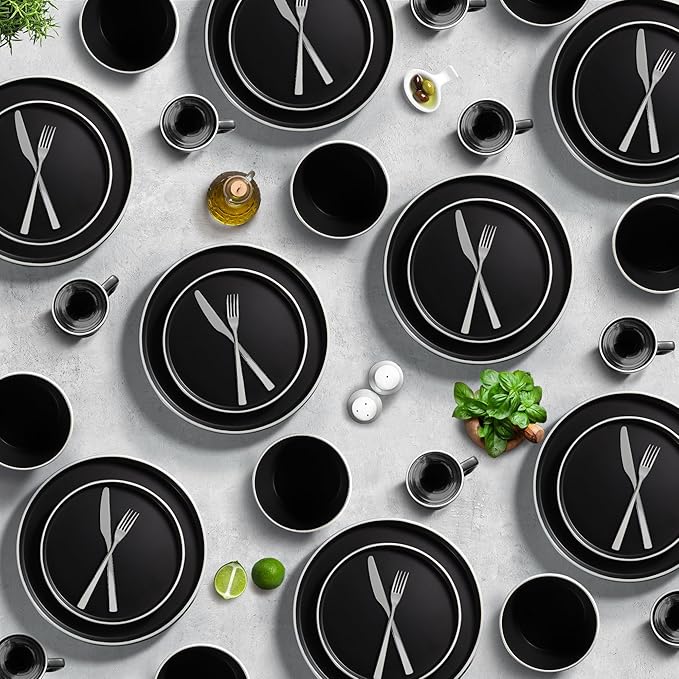 Zulay Kitchen Terra Stoneware 32-Piece Dinnerware Set, Artisanal Ceramic Plates and Bowls Set Crafted at 2300℉ - Service for 8, Black Matte with White Rim
