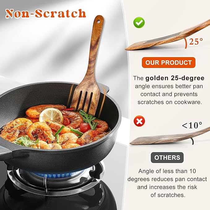 2Pcs Wooden Spatula, Acacia Solid & Slotted Turner Spatula Set, Long Handle Flat Frying Spatulas, Ideal Kitchen Gift for Mother and Grandma, Kitchen Utensils Set for Cooking, Frying, Baking