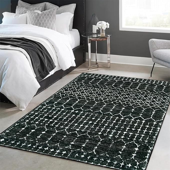 Lahome Moroccan Black Area Rug for Living Room - 3x5 Non-Slip Washable Stain Resistant Large Kitchen Rugs Throw Low-Profile Soft Bedroom Carpet Geometric Print Distressed Rug for Entryway Dining Room