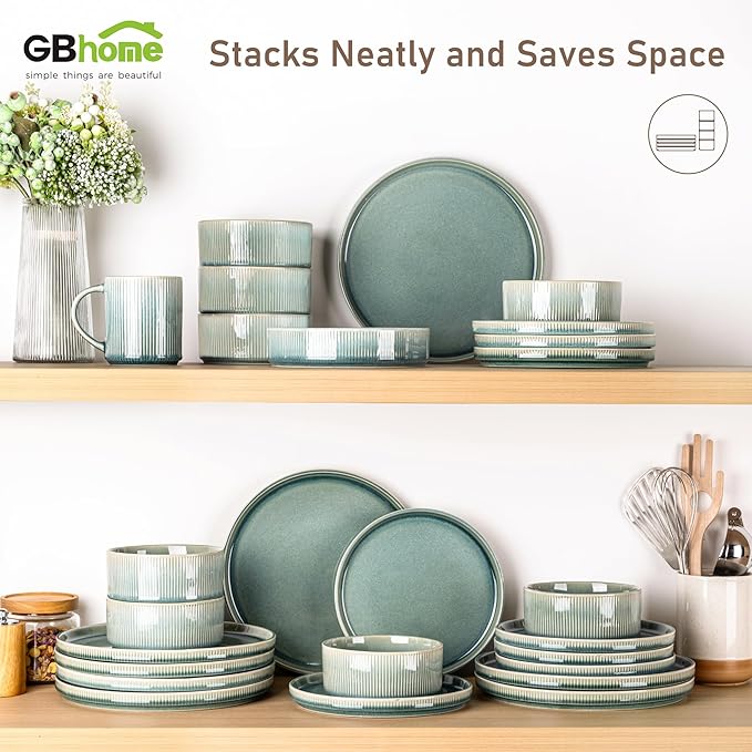 GBHOME Stoneware Dinnerware Sets for 4,Round Reactive Glaze Ceramic Plates and Bowls Set,Highly Scratch Resistant | Dishwasher & Microwave Safe Dishes Set,Service for 4(12Pcs),Malachite Green