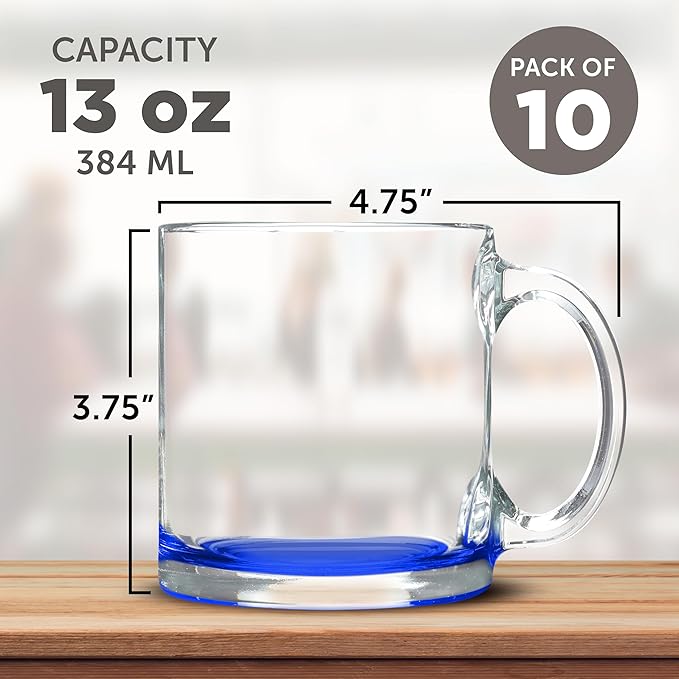 Libbey Clear Glass Coffee Mugs 13 oz. Set of 10, Bulk Pack - Perfect for Coffee, Tea, Espresso, Hot Cocoa, Other Beverages - Blue Bottom