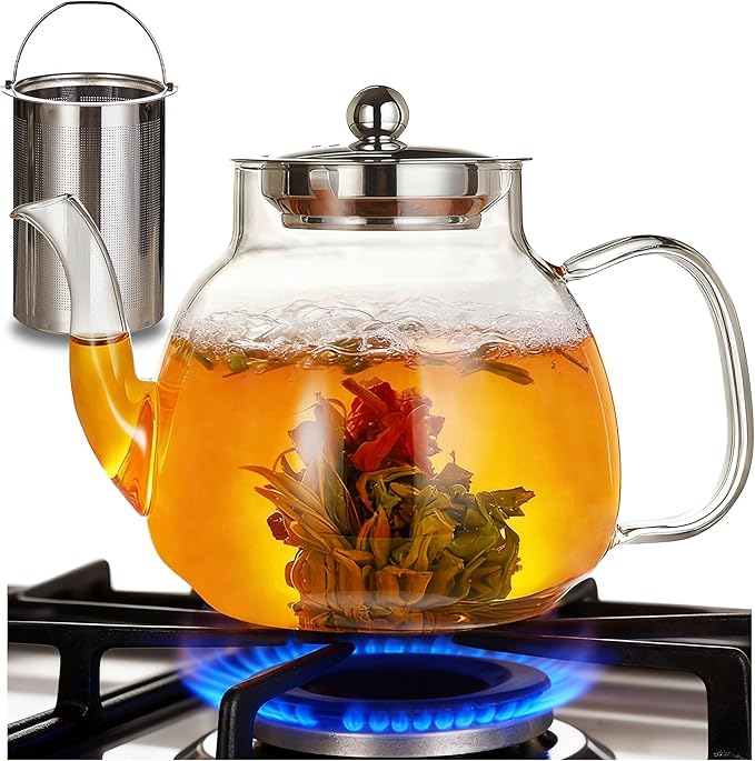 1100ml Glass Teapot with Removable Infuser,37oz Borosilicate Clear Tea Kettle,Stovetop Microwave Safe,Blooming and Loose Leaf Tea Maker Gift