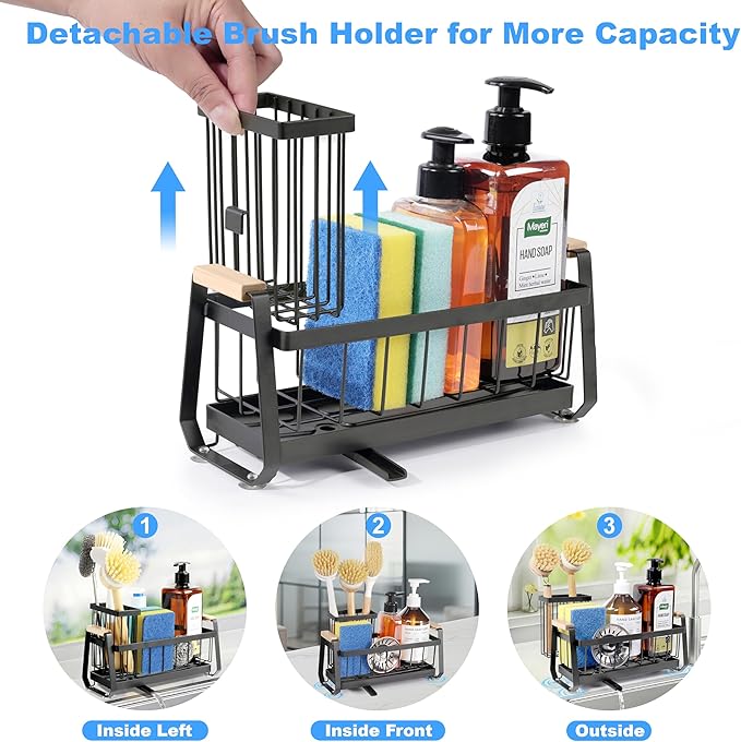 Kitchen Sink Organizer with Dish Brush Holder and Soap Sponge Holder, Stainless Steel Sink Caddy with Suction Cup, Non-Slip Dish Soap Organizer for Kitchen Countertop Storage Essentials