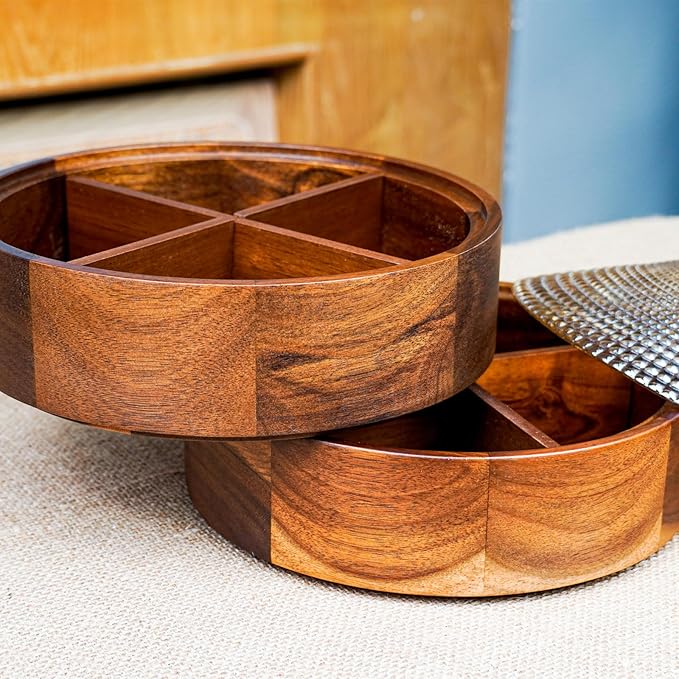 Wooden Snack Box with Glass Lid, 4-Compartment Serving Tray for Nuts, Candy, Dried Fruits, Multipurpose Storage Container for Home & Parties