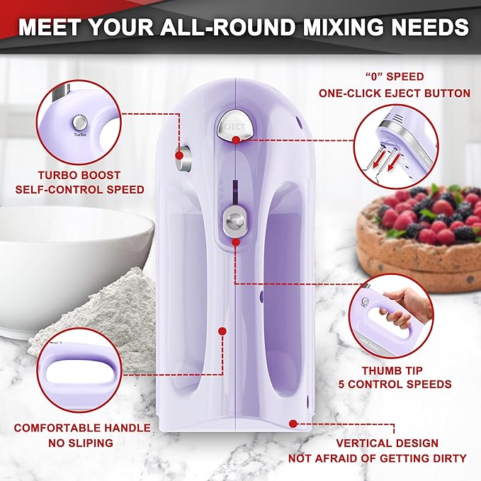 Lord Eagle Hand Mixer Electric 400W, 5 Speed handheld Mixer, 5 Stainless Steel Accessories for Baking Cake Egg Cream Food Beater, Turbo Boost/Self-Control Speed + Eject Button, Purple