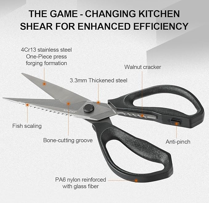 XINZUO Multi-Purpose Kitchen Shear,4Cr13 Stainless Steel Kitchen Scissors For Food(Meat/Herbs/Poultry),Black Titanium Plating,With Pa6 Nylon Reinforced With Glass Fiber Handle
