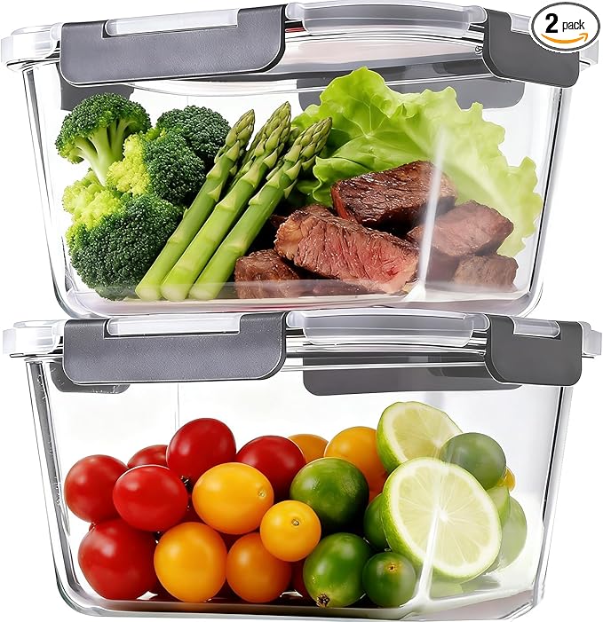2 Pack Large Glass Food Storage Containers with Lids 85oz/10.5cup Big Airtight Glass Storage Containers for Rotisserie Chicken Meal Prep Leftovers, BPA Free & Leak Proof, Microwave, Oven Safe