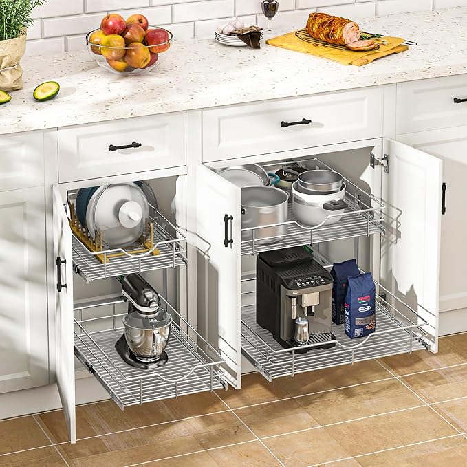 WelFurGeer 2-Tier Kitchen Cabinet Pullout Shelf and Drawer Organizer, Soft Close Pantry Pull Out Shelves, Heavy Duty Pull Out Cabinet Organizer with Shelf Liner for Kitchen Cabinets, Pantry Storage