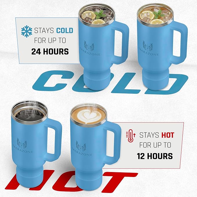 40 oz Insulated Tumbler with Handle and Straw – Stainless Steel Double Wall Vacuum Cup Fits Car Cup Holder, Hot Cold Travel Mug, BPA Free Reusable Water Bottle Gift for Women Men - Sky Blue