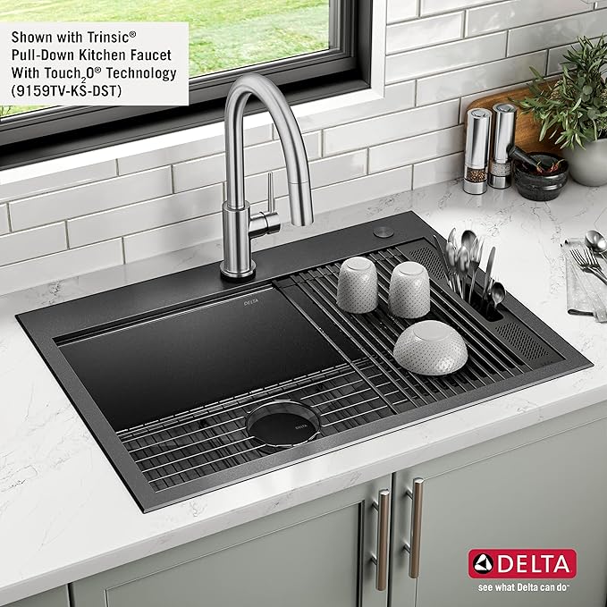 DELTA FAUCET Delta Rivet 30 Inch Black Stainless Steel Drop-In Top Mount 16 Gauge Workstation Kitchen Sink Single Bowl in PVD Gunmetal Finish with WorkFlow Ledge and Accessories, 95A9031-T30S-GS