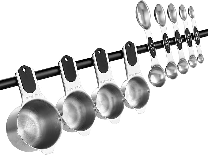 Spring Chef Magnetic Measuring Cups & Spoons Set, Patented, Strong N45 Magnets, Heavy Duty Stainless Steel Fits in Spice Jars for Baking & Cooking, BPA Free, Round Set of 9, Black