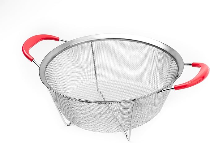Hercules Chef by Mundial 9.8" Stainless Steel Colander Strainer with Red Silicone Handles – Heavy-Duty Fine Mesh for Pasta, Vegetables & Fruits – Dishwasher Safe Kitchen Essential