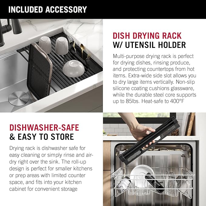 DELTA FAUCET DELTA Rivet 32-Inch Workstation Kitchen Sink Undermount 16 Gauge Stainless Steel Single Bowl with WorkFlow Ledge and Chef’s Kit of 6 Accessories, 95B931-32S-SS