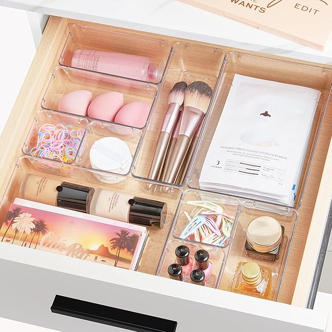 Vtopmart 44 PCS Clear Plastic Drawer Organizers Set, 4-Size Versatile Bathroom and Vanity Organizer Trays, Non-Slip Storage Containers for Makeup, Jewelries, Bedroom，Kitchen Utensils and Office