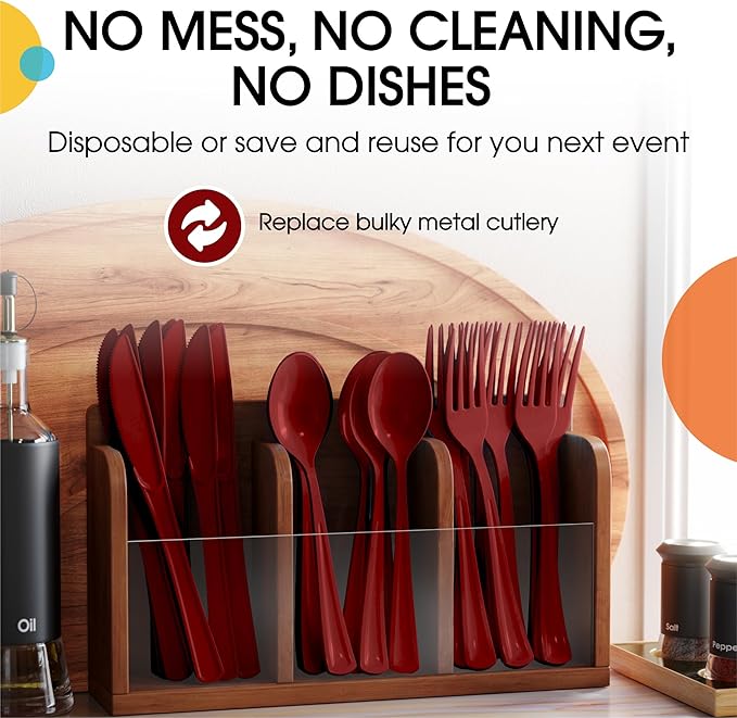 Party Solids Burgundy Plastic Silverware Heavy Duty 150 Pieces Burgundy Disposable Silverware Heavy Duty, Utensil Sets, 50 Of Each Forks, Knives & Spoons Disposable Cutlery Set For Party Supplies