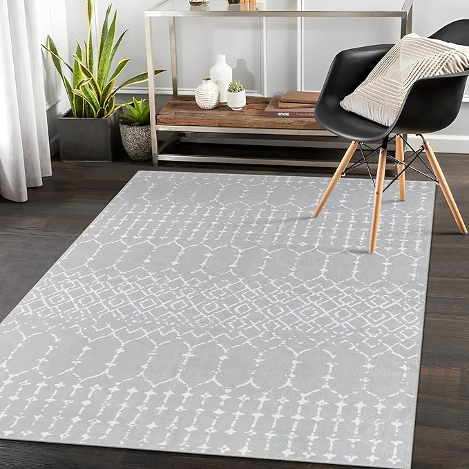Lahome Moroccan Washable Living Room Area Rug - 3x5 Small Rugs for Bedroom Throw Non-Slip Low-Pile Entryway Rug Kitchen Rugs Soft Grey Distressed Capet for Office Bathroom Laundry Room Dining Room