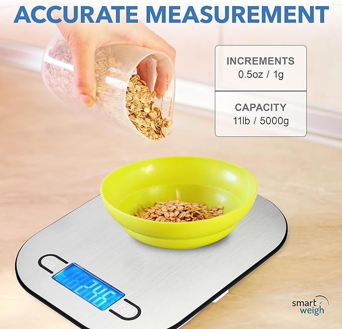 Smart Weigh Stainless Steel Digital Kitchen Scale for Cooking, Weight Loss, Calorie Tracking, Baking, Food Portion Control, and Meal Prep - Accurate Measurements in Grams and Ounces