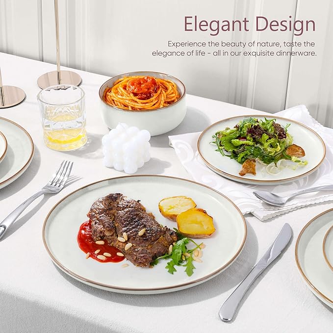 Herogo 6 Pieces Stoneware Dinnerware Dishes Sets for 2, Kitchen Handmade Dining Plates and Bowls Sets, Double Reactive Glaze, Microwave & Dishwasher Safe, Scratch Resistant, Ivory White