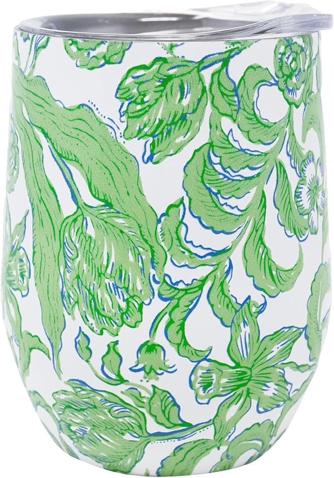 Lilly Pulitzer 12 Oz Insulated Tumbler with Lid, Yellow/Green Stainless Steel Travel Wine Glass, Double Wall Metal Cup (Daffodil Hill)