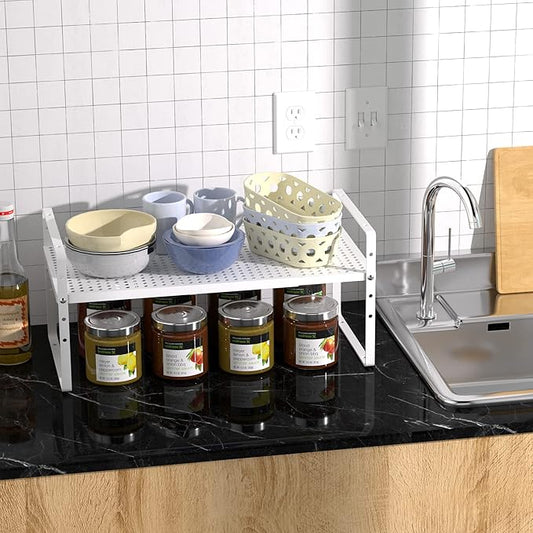 Redrubbit Expandable Cabinet Storage Shelf, Adjustable Height Steel Metal Kitchen Counter Organizers Shelves Spice Rack for Kitchen Pantry Bathroom Cupboard Desk Home Office, White-1 Pack