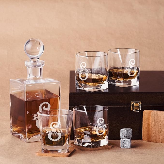 Personalized Whiskey Decanter Set with Custom Whiskey Glasses - Personalized Gifts for Men With Engraved Wooden Box and Whiskey Stones