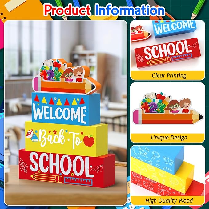 Welcome Back to School Table Decorations, 1st Day of School Wooden Block Sign Pencil Centerpieces for Party, The First Day Banner, Classroom Decor for Kids Teacher Desk Gifts, Tiered Tray and TableTop