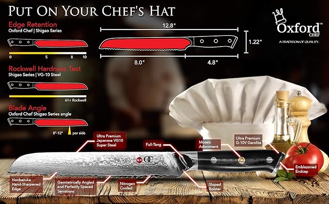 Oxford CHEF Bread Knife 8 inch Serrated Damascus- Japanese- VG10 Super Steel 67 Layer High Carbon Stainless Steel-Razor Sharp, Stain & Corrosion Resistant, & Awesome Edge Retention