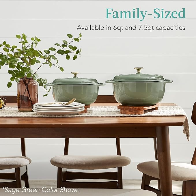 Best Choice Products 7.5 Quart Enamel Cast-Iron Round Dutch Oven, Family Style Heavy-Duty Pre-Seasoned Cookware for Home, Kitchen, Dining Room, Oven Safe w/Lid, Dual Handles - Sage Green