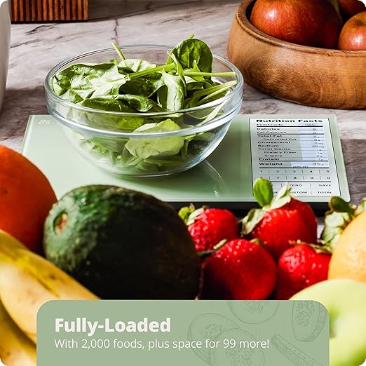 Greater Goods Digital Nutrition Scale – Accurate Macro and Calorie Tracking for Meal Prep, Weight Loss, and Healthy Eating | 2,000 Built-in Foods, Intuitive Nutrition Label Display, 11lb Cap, Green