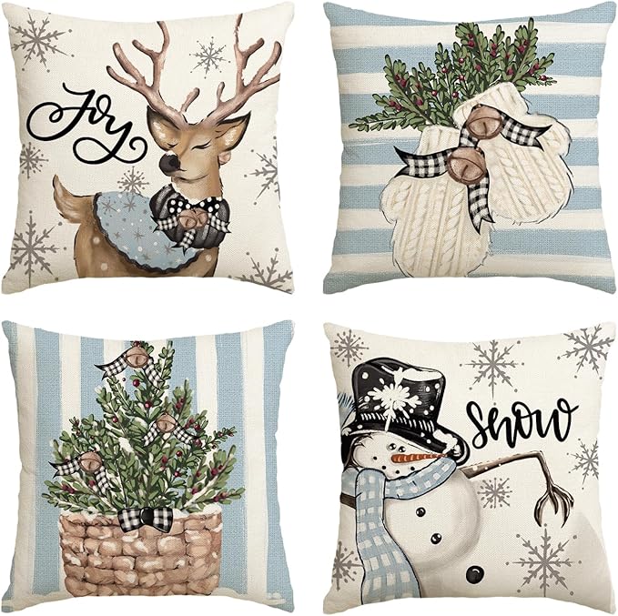 AVOIN colorlife Christmas Snowman Reindeer Gloves Eucalyptus Blue Throw Pillow Covers, 18 x 18 Inch Winter Holiday Stripes Cushion Case Decoration for Sofa Couch Set of 4