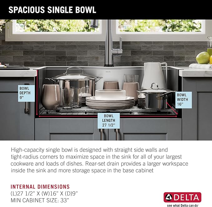 DELTA FAUCET Rivet 30-Inch Workstation Kitchen Sink Drop-In Top Mount 16 Gauge Stainless Steel Single Bowl with WorkFlow Ledge and Chef’s Kit of 5 Accessories, 95A931-30S-SS