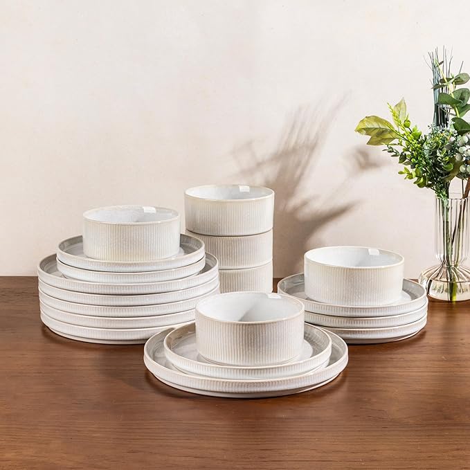 GBHOME Stoneware Dinnerware Sets for 6,Round Reactive Glaze Ceramic Plates and Bowls Set,Highly Scratch Resistant | Dishwasher & Microwave Safe Dishes Set,Service for 6(18Pcs),Sugar White