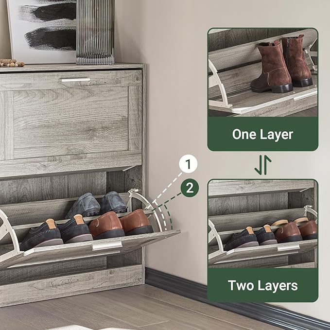 Shoe Cabinet for Entryway, 2-Tier Flip Drawer Shoe Storage Cabinet with Dividers, Shoe Organizer for Small Spaces, Narrow Shoe Rack, Slim Shoe Rack Freestanding, Grey, HUS-FSR137