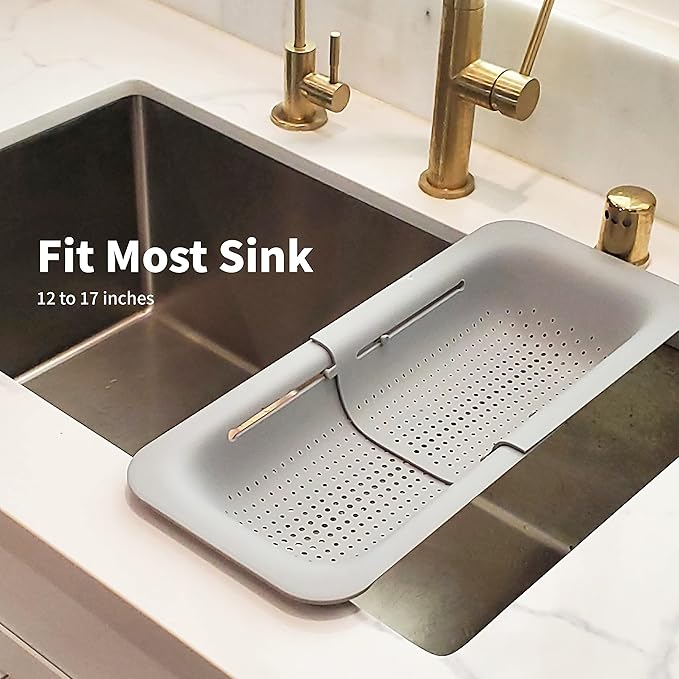 Makerstep Over the Sink Colander Strainer Basket - Expandable, Wash, Drain, and Dry. - New Home Kitchen Essentials, Multifunctional Kitchen Gadgets, Grey 14.25x8