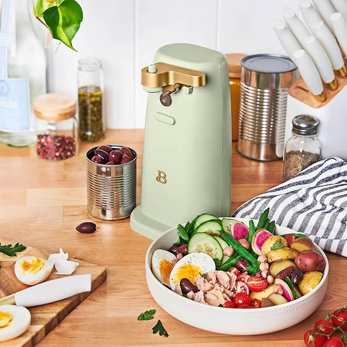 Beautiful Easy-Prep Electric Can Opener, Stainless Steel Blade, Built-in Knife Sharpener, Auto-Stop Safety, Cord Storage by Drew Barrymore (Sage green)
